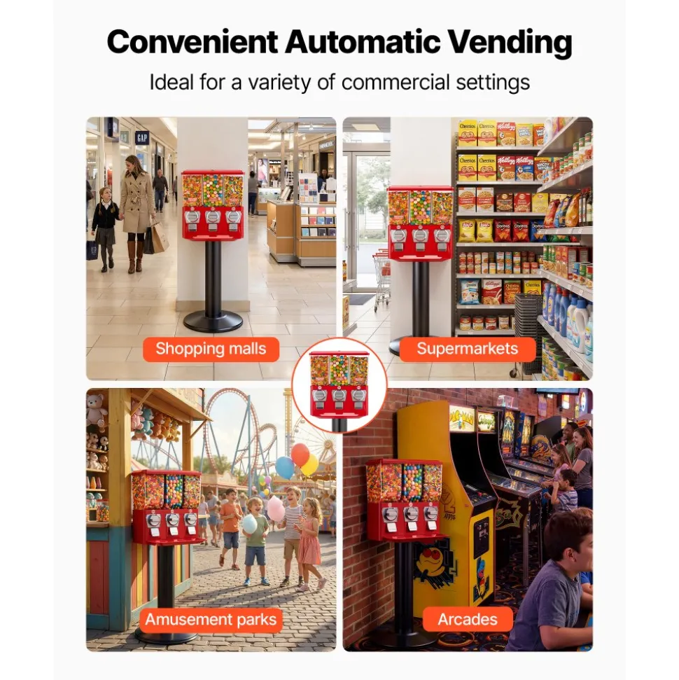 VEVOR Candy Vending Machine, Triple Compartment Candy Vending Machine with Stand, Gumball & Candies Vendings Machines with Built-In Cash Box, Detachable, Vintage Candies Dispenser for Shops, Arcades
