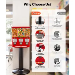 VEVOR Candy Vending Machine, Triple Compartment Candy Vending Machine with Stand, Gumball & Candies Vendings Machines with Built-In Cash Box, Detachable, Vintage Candies Dispenser for Shops, Arcades