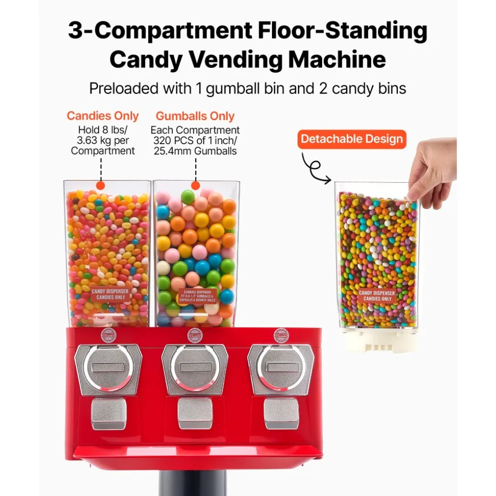 VEVOR Candy Vending Machine, Triple Compartment Candy Vending Machine with Stand, Gumball & Candies Vendings Machines with Built-In Cash Box, Detachable, Vintage Candies Dispenser for Shops, Arcades