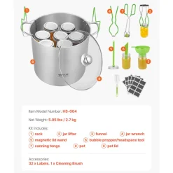VEVOR Canning Supplies Starter Kit, 9 Pieces Stainless Steel Water Bath Canning Kit for Beginners, Canning Tools Set: Pot, Rack, Lid, Funnel, Tongs, Jar Lifter, Wrench, Magnetic Wand, Bubble Propper