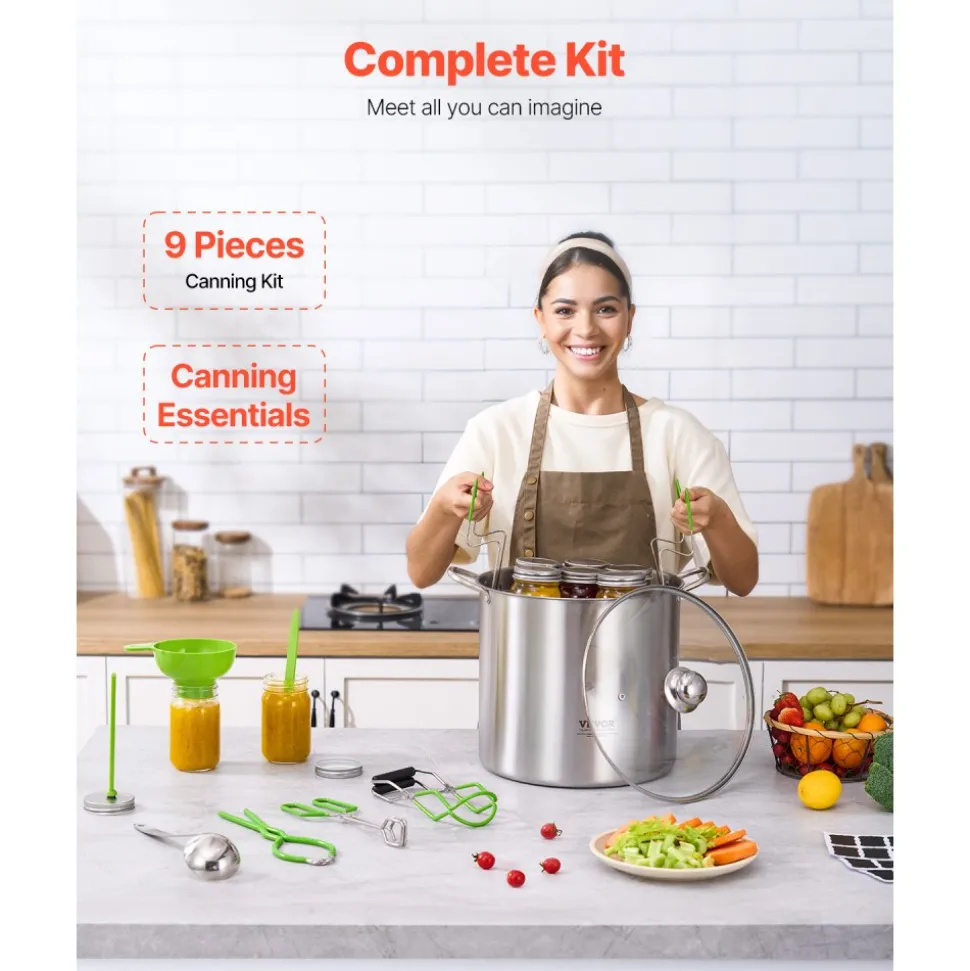 VEVOR Canning Supplies Starter Kit, 9 Pieces Stainless Steel Water Bath Canning Kit for Beginners, Canning Tools Set: Pot, Rack, Lid, Funnel, Tongs, Jar Lifter, Wrench, Magnetic Wand, Bubble Propper