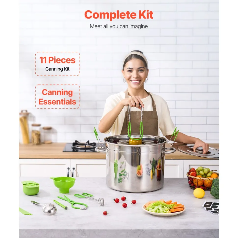 VEVOR Canning Supplies Starter Kit, 11 Pieces Stainless Steel Water Bath Canning Kit for Beginners, Canning Tools Set: Pot, Rack, Lid, Ladle, Funnel, Tongs, Jar Lifter, Wrench, Measuring Cup