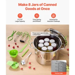 VEVOR Canning Supplies Starter Kit, 11 Pieces Stainless Steel Water Bath Canning Kit for Beginners, Canning Tools Set: Pot, Rack, Lid, Ladle, Funnel, Tongs, Jar Lifter, Wrench, Measuring Cup