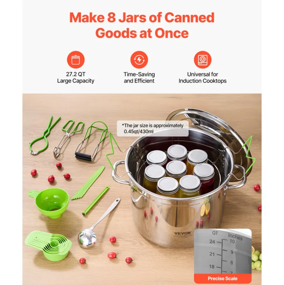VEVOR Canning Supplies Starter Kit, 11 Pieces Stainless Steel Water Bath Canning Kit for Beginners, Canning Tools Set: Pot, Rack, Lid, Ladle, Funnel, Tongs, Jar Lifter, Wrench, Measuring Cup