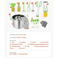 VEVOR Canning Supplies Starter Kit, 11 Pieces Stainless Steel Water Bath Canning Kit for Beginners, Canning Tools Set: Pot, Rack, Lid, Ladle, Funnel, Tongs, Jar Lifter, Wrench, Measuring Cup