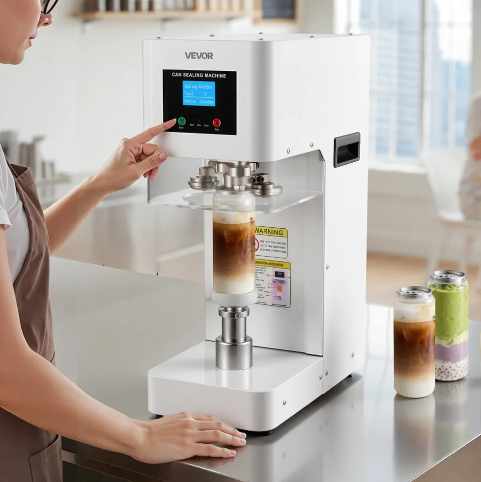 VEVOR Can Sealer Machine, Automatic Commercial Soda Can Sealing Machine for 2.17 in (55 mm) Aluminum and Plastic Cans, Height Adjustable, Steel Housing Beverage Drink Seamer, for Coffee Shop, White