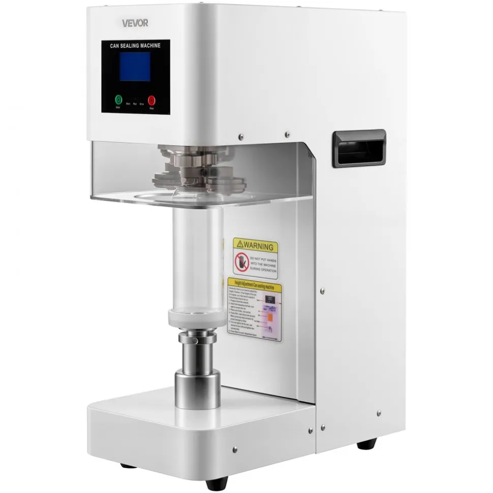 VEVOR Can Sealer Machine, Automatic Commercial Soda Can Sealing Machine for 2.17 in (55 mm) Aluminum and Plastic Cans, Height Adjustable, Steel Housing Beverage Drink Seamer, for Coffee Shop, White