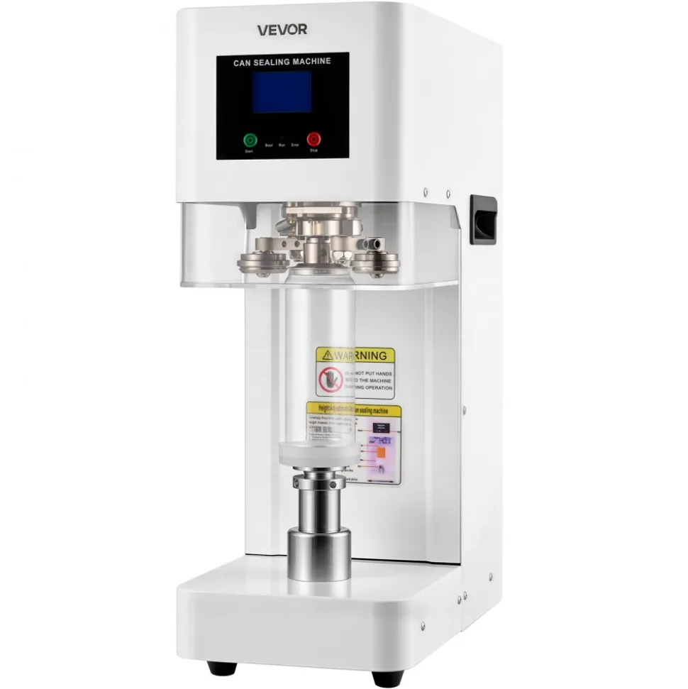 VEVOR Can Sealer Machine, Automatic Commercial Soda Can Sealing Machine for 2.17 in (55 mm) Aluminum and Plastic Cans, Height Adjustable, Steel Housing Beverage Drink Seamer, for Coffee Shop, White