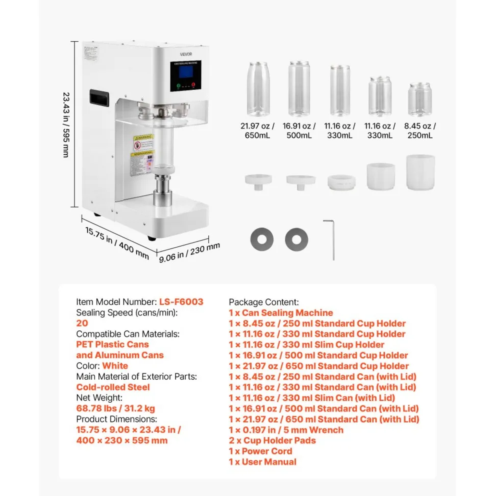VEVOR Can Sealer Machine, Automatic Commercial Soda Can Sealing Machine for 2.17 in (55 mm) Aluminum and Plastic Cans, Height Adjustable, Steel Housing Beverage Drink Seamer, for Coffee Shop, White