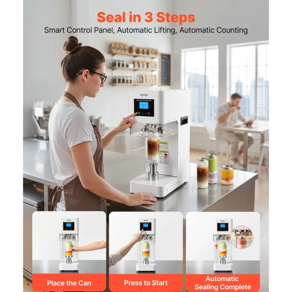 VEVOR Can Sealer Machine, Automatic Commercial Soda Can Sealing Machine for 2.17 in (55 mm) Aluminum and Plastic Cans, Height Adjustable, Steel Housing Beverage Drink Seamer, for Coffee Shop, White