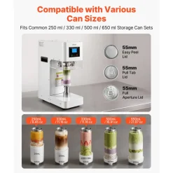 VEVOR Can Sealer Machine, Automatic Commercial Soda Can Sealing Machine for 2.17 in (55 mm) Aluminum and Plastic Cans, Height Adjustable, Steel Housing Beverage Drink Seamer, for Coffee Shop, White