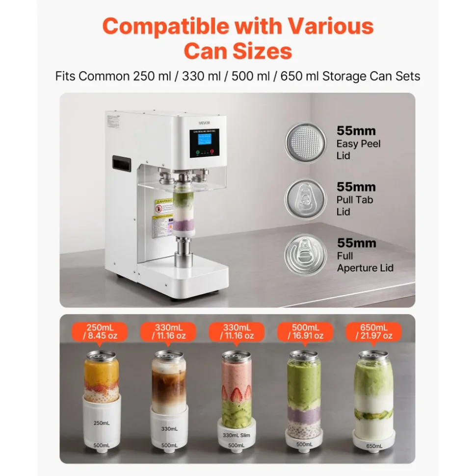 VEVOR Can Sealer Machine, Automatic Commercial Soda Can Sealing Machine for 2.17 in (55 mm) Aluminum and Plastic Cans, Height Adjustable, Steel Housing Beverage Drink Seamer, for Coffee Shop, White