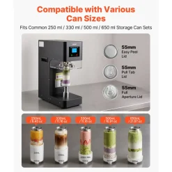 VEVOR Can Sealer Machine, Automatic Commercial Soda Can Sealing Machine for 2.17 in (55 mm) Aluminum and Plastic Cans, Height Adjustable, Steel Housing Beverage Drink Seamer, for Coffee Shop, Black