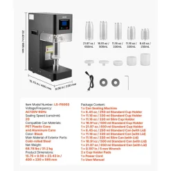 VEVOR Can Sealer Machine, Automatic Commercial Soda Can Sealing Machine for 2.17 in (55 mm) Aluminum and Plastic Cans, Height Adjustable, Steel Housing Beverage Drink Seamer, for Coffee Shop, Black