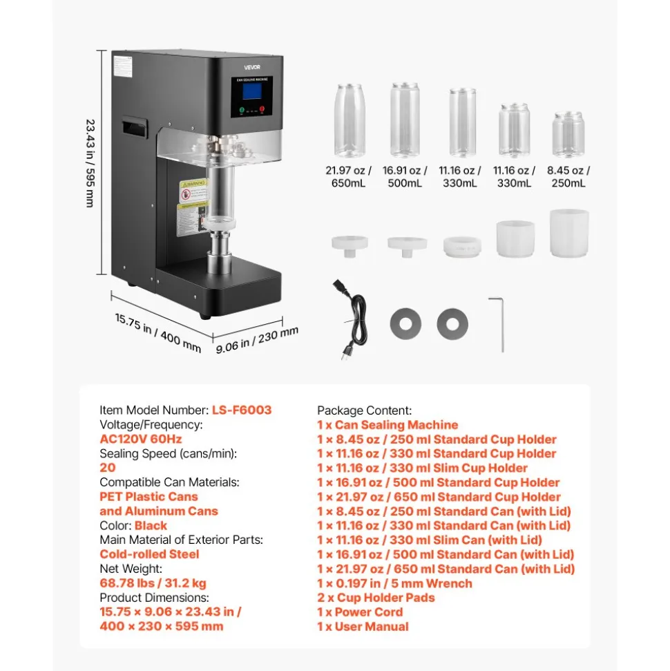 VEVOR Can Sealer Machine, Automatic Commercial Soda Can Sealing Machine for 2.17 in (55 mm) Aluminum and Plastic Cans, Height Adjustable, Steel Housing Beverage Drink Seamer, for Coffee Shop, Black