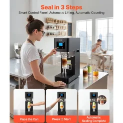 VEVOR Can Sealer Machine, Automatic Commercial Soda Can Sealing Machine for 2.17 in (55 mm) Aluminum and Plastic Cans, Height Adjustable, Steel Housing Beverage Drink Seamer, for Coffee Shop, Black