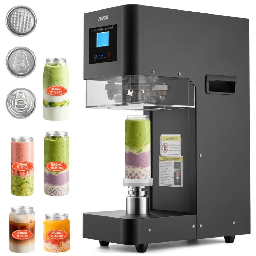 VEVOR Can Sealer Machine, Automatic Commercial Soda Can Sealing Machine for 2.17 in (55 mm) Aluminum and Plastic Cans, Height Adjustable, Steel Housing Beverage Drink Seamer, for Coffee Shop, Black