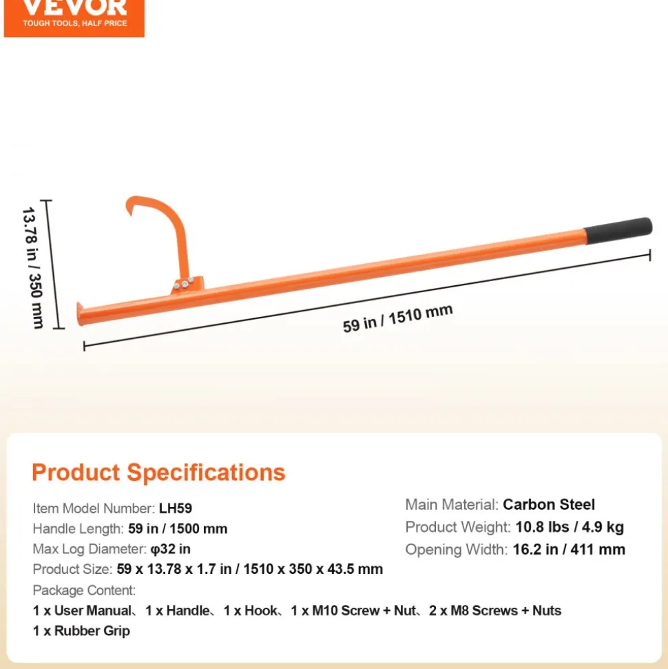 VEVOR Cant Hook Tool, 46.5 in, Heavy Duty Steel Log Roller, Log Lifter Timber Jack 32" Dia Logs, Forestry Logging Tools, Dual Function Log Handler for Rolling and Clamping Logs