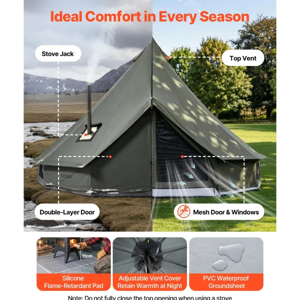 VEVOR Canvas Bell Tent, 4 Seasons 16.4 ft Yurt Tent for Camping with Stove Jack, Canvas Breathable Holds up to 7 People with Zipped Detachable Floor, for Family Camping Glamping Outdoor Hunting Party