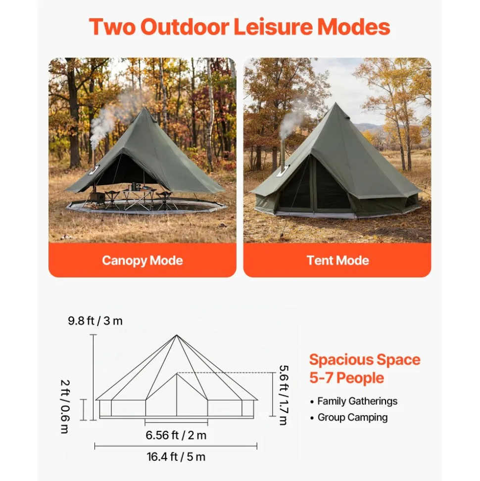 VEVOR Canvas Bell Tent, 4 Seasons 16.4 ft Yurt Tent for Camping with Stove Jack, Canvas Breathable Holds up to 7 People with Zipped Detachable Floor, for Family Camping Glamping Outdoor Hunting Party