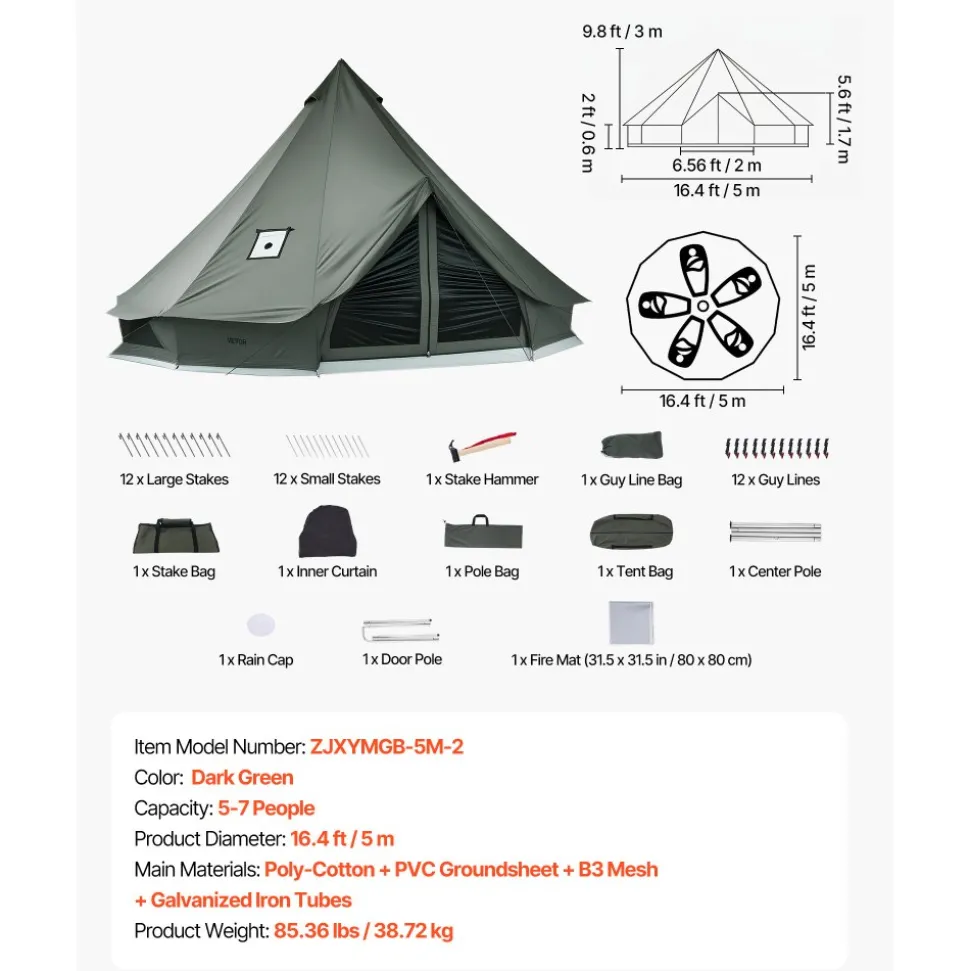 VEVOR Canvas Bell Tent, 4 Seasons 16.4 ft Yurt Tent for Camping with Stove Jack, Canvas Breathable Holds up to 7 People with Zipped Detachable Floor, for Family Camping Glamping Outdoor Hunting Party