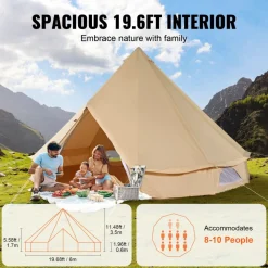 VEVOR Canvas Bell Tent, 4 Seasons 6 m/19.68 ft Yurt Tent, Canvas Tent for Camping with Stove Jack, Breathable Tent Holds up to 10 People, Family Camping Outdoor Hunting Party