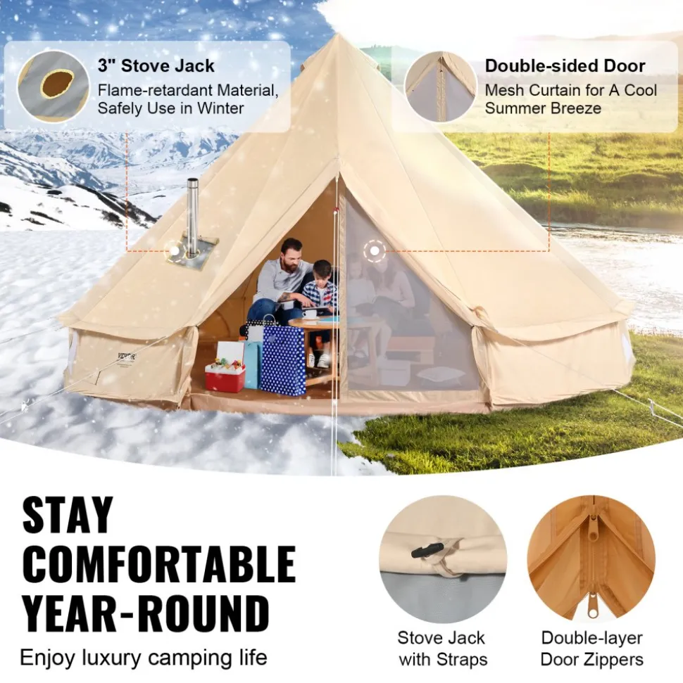 VEVOR Canvas Bell Tent, 4 Seasons 6 m/19.68 ft Yurt Tent, Canvas Tent for Camping with Stove Jack, Breathable Tent Holds up to 10 People, Family Camping Outdoor Hunting Party