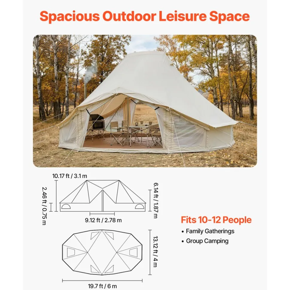 VEVOR Canvas Bell Tent, 4 Seasons 19.7 x 13.12 x 10.17 ft Yurt Tent for Camping with Stove Jack, Poly-Cotton Canvas Breathable Holds up to 12 People, for Family Camping Glamping Outdoor Hunting Party