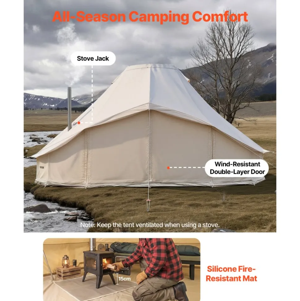 VEVOR Canvas Bell Tent, 4 Seasons 19.7 x 13.12 x 10.17 ft Yurt Tent for Camping with Stove Jack, Poly-Cotton Canvas Breathable Holds up to 12 People, for Family Camping Glamping Outdoor Hunting Party