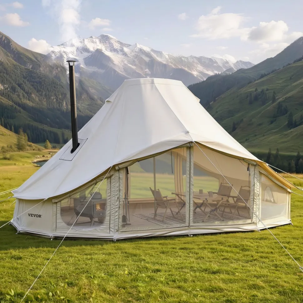 VEVOR Canvas Bell Tent, 4 Seasons 19.7 x 13.12 x 10.17 ft Yurt Tent for Camping with Stove Jack, Poly-Cotton Canvas Breathable Holds up to 12 People, for Family Camping Glamping Outdoor Hunting Party