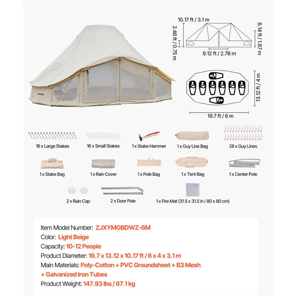 VEVOR Canvas Bell Tent, 4 Seasons 19.7 x 13.12 x 10.17 ft Yurt Tent for Camping with Stove Jack, Poly-Cotton Canvas Breathable Holds up to 12 People, for Family Camping Glamping Outdoor Hunting Party