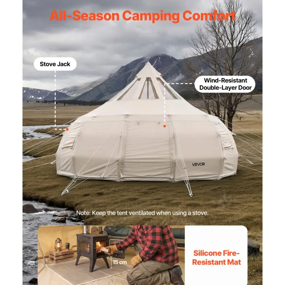 VEVOR Canvas Bell Tent, 4 Seasons 16.4 ft Yurt Tent for Camping with Stove Jack, Poly-Cotton Canvas Breathable Holds up to 12 People with Rain Cover, for Family Camping Glamping Outdoor Hunting Party