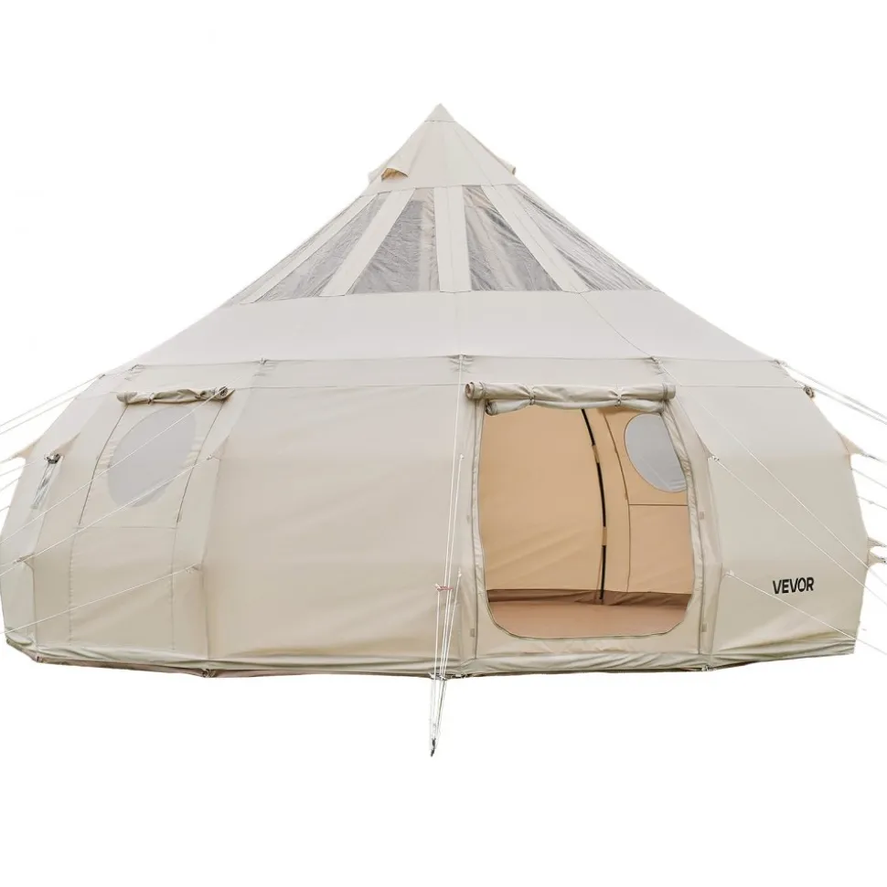 VEVOR Canvas Bell Tent, 4 Seasons 16.4 ft Yurt Tent for Camping with Stove Jack, Poly-Cotton Canvas Breathable Holds up to 12 People with Rain Cover, for Family Camping Glamping Outdoor Hunting Party