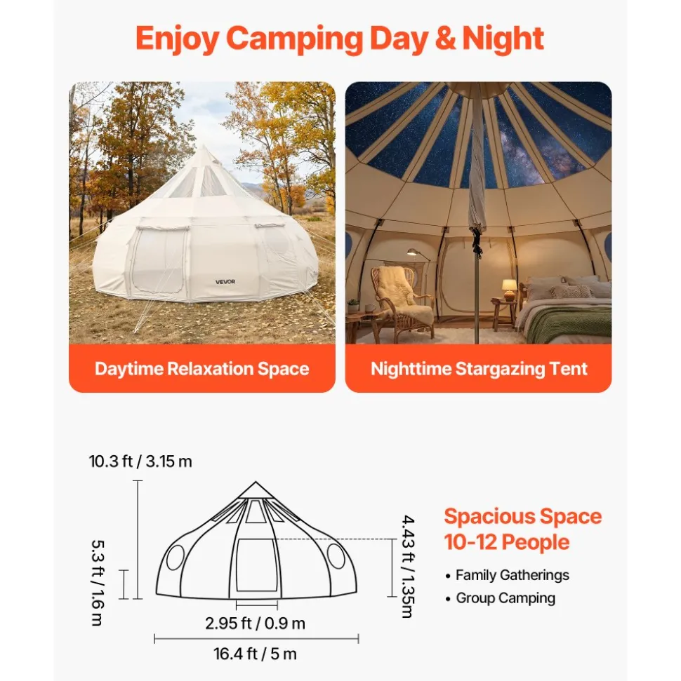 VEVOR Canvas Bell Tent, 4 Seasons 16.4 ft Yurt Tent for Camping with Stove Jack, Poly-Cotton Canvas Breathable Holds up to 12 People with Rain Cover, for Family Camping Glamping Outdoor Hunting Party