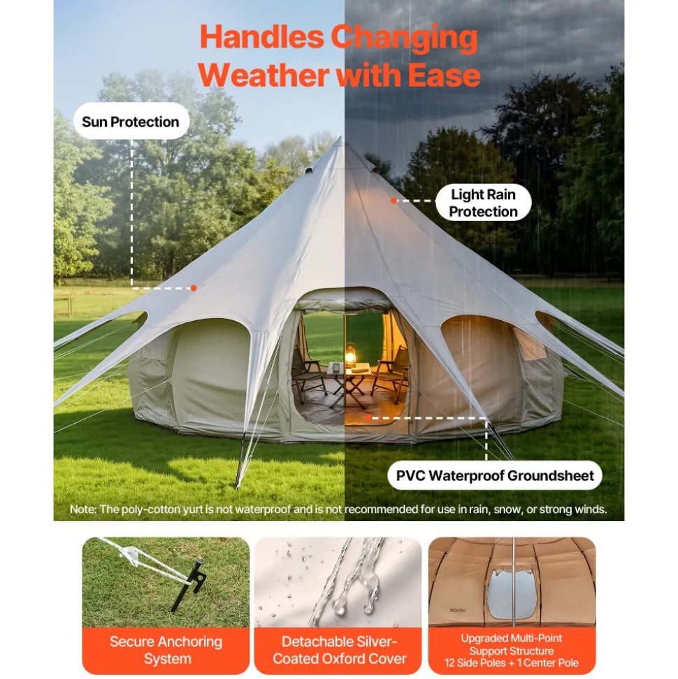 VEVOR Canvas Bell Tent, 4 Seasons 16.4 ft Yurt Tent for Camping with Stove Jack, Poly-Cotton Canvas Breathable Holds up to 12 People with Rain Cover, for Family Camping Glamping Outdoor Hunting Party