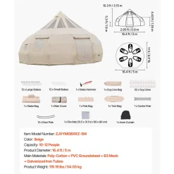 VEVOR Canvas Bell Tent, 4 Seasons 16.4 ft Yurt Tent for Camping with Stove Jack, Poly-Cotton Canvas Breathable Holds up to 12 People with Rain Cover, for Family Camping Glamping Outdoor Hunting Party