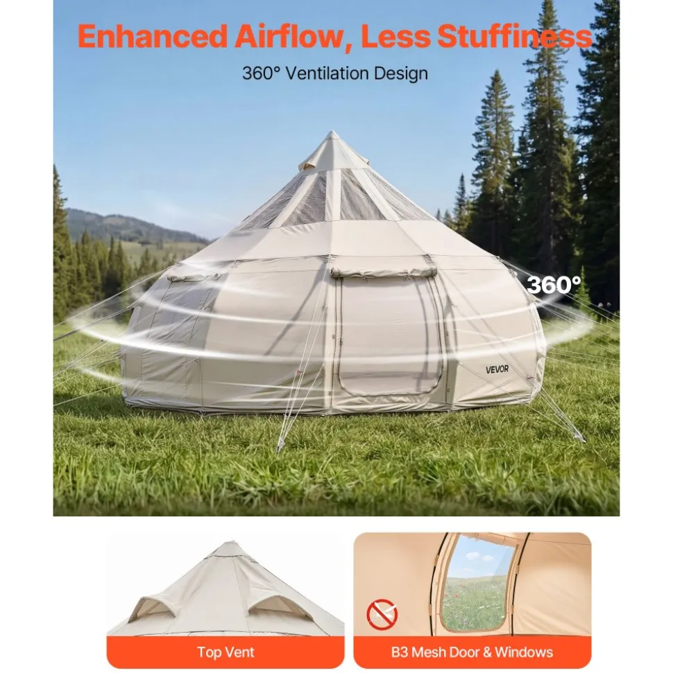 VEVOR Canvas Bell Tent, 4 Seasons 16.4 ft Yurt Tent for Camping with Stove Jack, Poly-Cotton Canvas Breathable Holds up to 12 People with Rain Cover, for Family Camping Glamping Outdoor Hunting Party