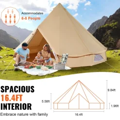 VEVOR Canvas Bell Tent, 4 Seasons 5 m/16.4 ft Yurt Tent, Canvas Tent for Camping with Stove Jack, Breathable Tent Holds up to 8 People, Family Camping Outdoor Hunting Party