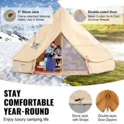 VEVOR Canvas Bell Tent, 4 Seasons 5 m/16.4 ft Yurt Tent, Canvas Tent for Camping with Stove Jack, Breathable Tent Holds up to 8 People, Family Camping Outdoor Hunting Party