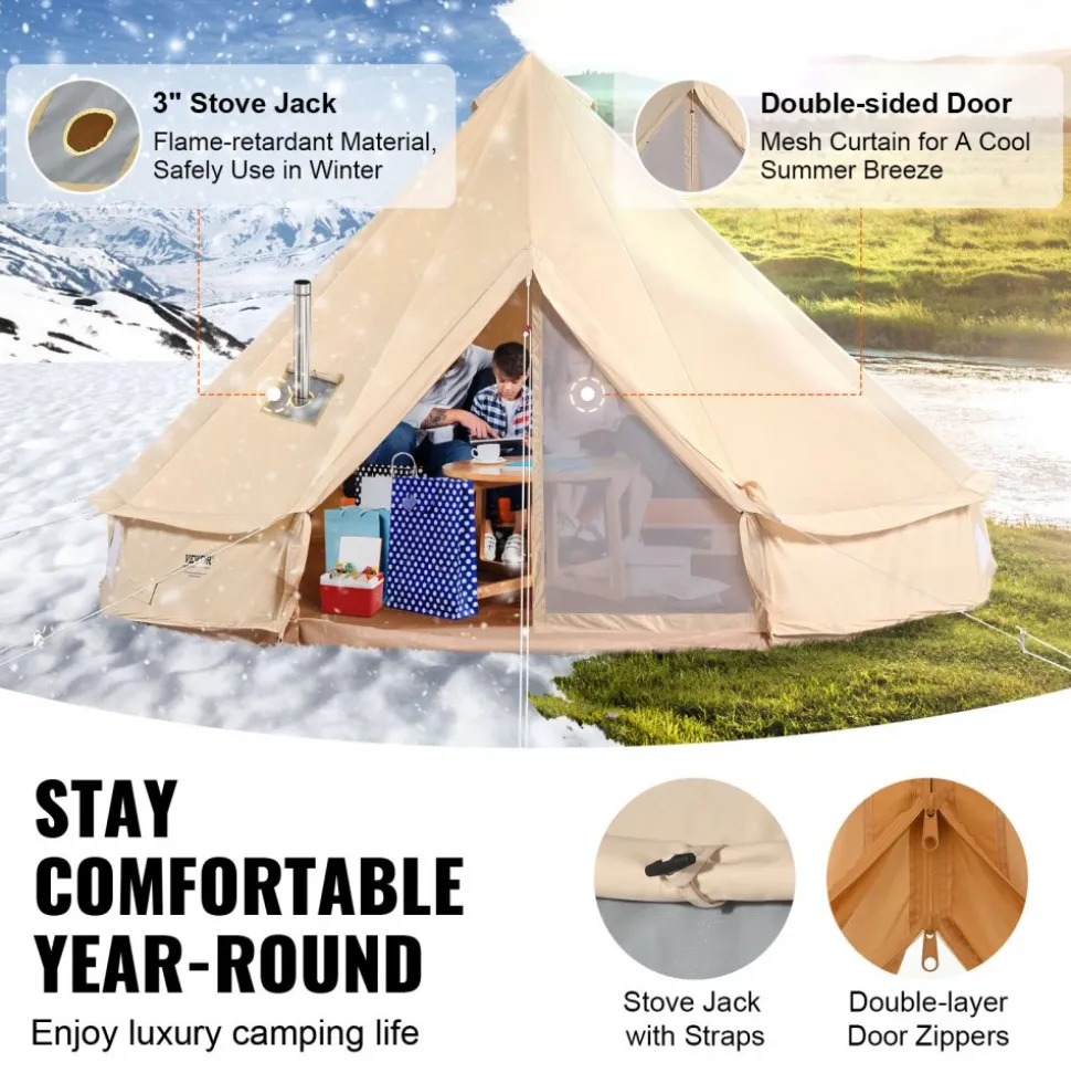 VEVOR Canvas Bell Tent, 4 Seasons 4 m/13.12 ft Yurt Tent, Canvas Tent for Camping with Stove Jack, Breathable Tent Holds up to 6 People, Family Camping Outdoor Hunting Party