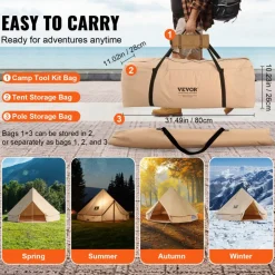 VEVOR Canvas Bell Tent, 4 Seasons 4 m/13.12 ft Yurt Tent, Canvas Tent for Camping with Stove Jack, Breathable Tent Holds up to 6 People, Family Camping Outdoor Hunting Party