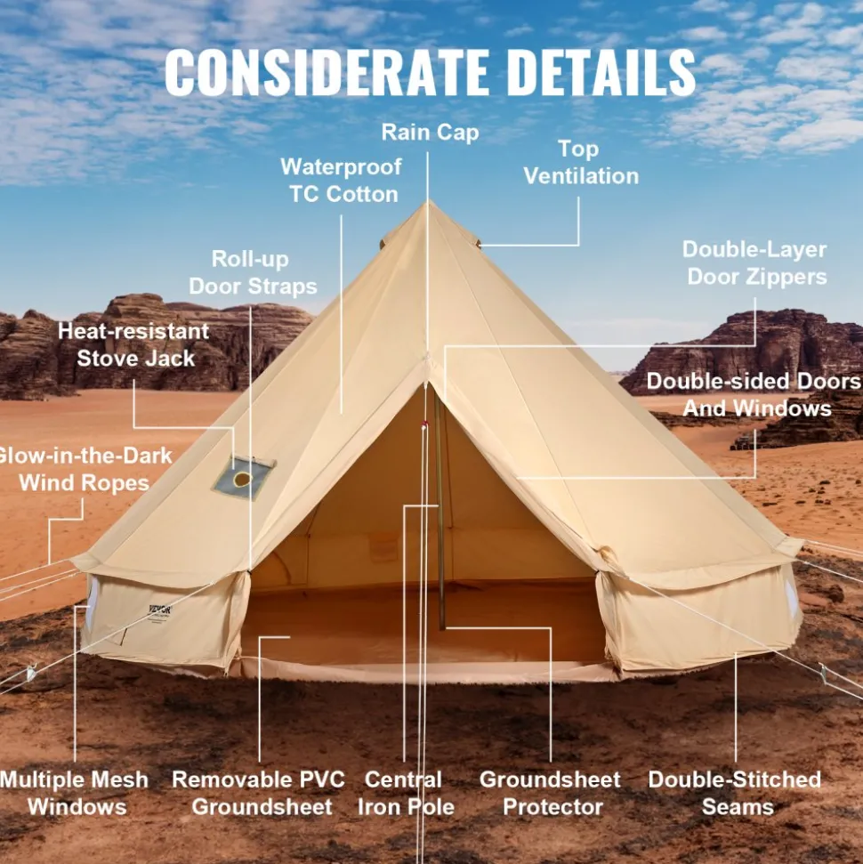 VEVOR Canvas Bell Tent, 4 Seasons 4 m/13.12 ft Yurt Tent, Canvas Tent for Camping with Stove Jack, Breathable Tent Holds up to 6 People, Family Camping Outdoor Hunting Party