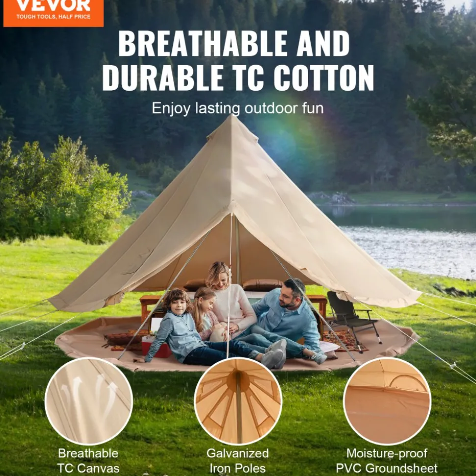 VEVOR Canvas Bell Tent, 4 Seasons 4 m/13.12 ft Yurt Tent, Canvas Tent for Camping with Stove Jack, Breathable Tent Holds up to 6 People, Family Camping Outdoor Hunting Party