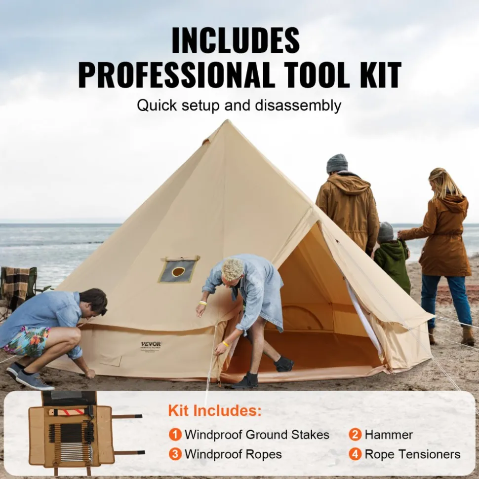 VEVOR Canvas Bell Tent, 4 Seasons 4 m/13.12 ft Yurt Tent, Canvas Tent for Camping with Stove Jack, Breathable Tent Holds up to 6 People, Family Camping Outdoor Hunting Party