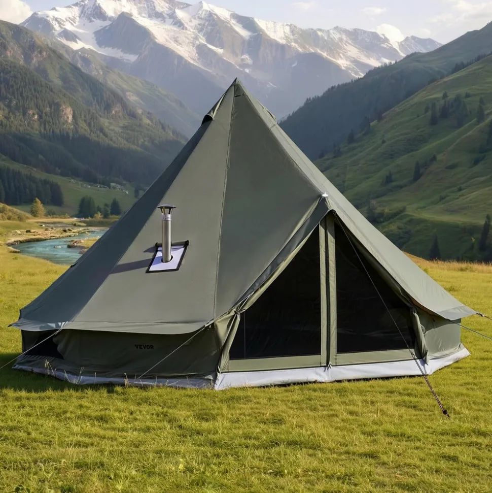 VEVOR Canvas Bell Tent, 4 Seasons 9.84 ft Yurt Tent for Camping with Stove Jack, Canvas Breathable Holds up to 3 People with Zipped Detachable Floor, for Family Camping Glamping Outdoor Hunting Party