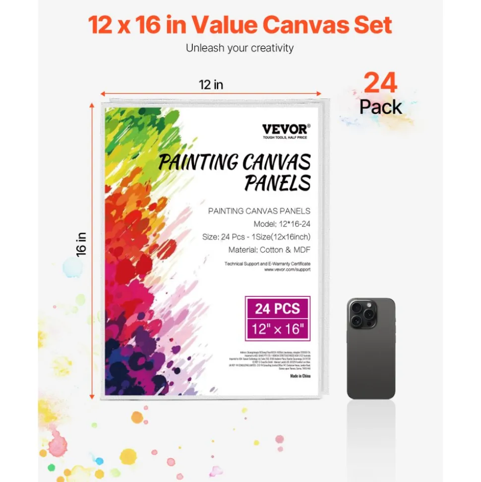 VEVOR Canvas Boards for Painting, 12 x 16 Inch White Canvases for Painting, 24 Pack Painting Canvas Panels for Sketching, Acrylic and Oil Painting, Watercolor, Paint Canvas for Kids and Professionals