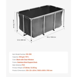 VEVOR Canvas Fish Pond 200 Gal Above Ground Fish Pond Black PVC Koi Tank, Rectangular Goldfish Tank with Clear Viewing Panel, Stainless Steel Frame and Drain Valve, for Breeding Koi and Irrigation