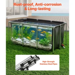 VEVOR Canvas Fish Pond, 126.8 Gal Above Ground Fish Pond, Foldable PVC Koi Tank, Rectangular Goldfish Tank with Stable Frame and Drain Valve, for Aquaculture, Koi Breeding, and Irrigation (Black)