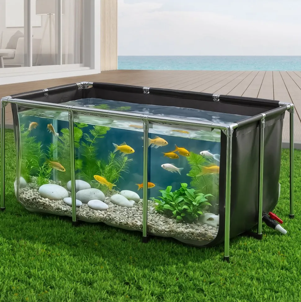 VEVOR Canvas Fish Pond, 126.8 Gal Above Ground Fish Pond, Foldable PVC Koi Tank, Rectangular Goldfish Tank with Stable Frame and Drain Valve, for Aquaculture, Koi Breeding, and Irrigation (Black)