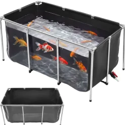 VEVOR Canvas Fish Pond, 126.8 Gal Above Ground Fish Pond, Foldable PVC Koi Tank, Rectangular Goldfish Tank with Stable Frame and Drain Valve, for Aquaculture, Koi Breeding, and Irrigation (Black)